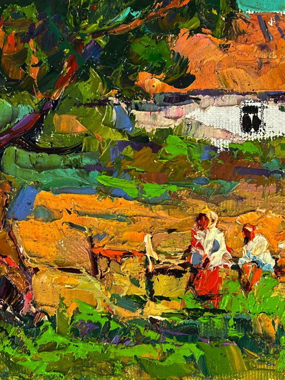 Image 1 of Peinture à l'huile originale représentant un paysage de campagne, un jardin et une maison en vacances d'été à la campagne
