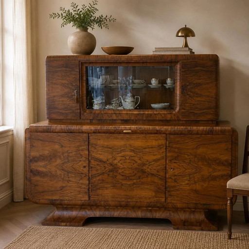 Monumentales Art Deco Sideboard mit Vitrinenaufsatz & Marmorplatte, dokumentiert 1932 – Nussbaum Wurzelholz Credenza