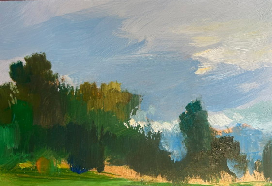 Image 1 of Peinture à l'huile originale représentant un paysage lacustre côtier. Temps chaud idéal pour la pêche.