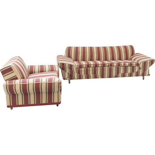 Conjunto de asientos vintage en madera y tela rayada, Italia 1970