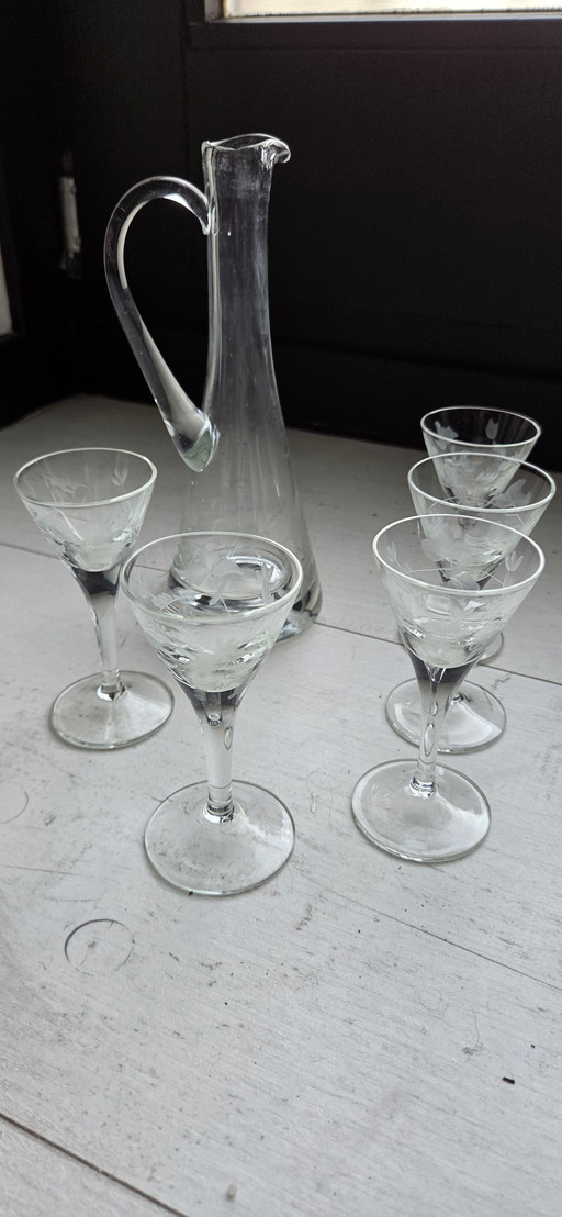 Wunderschönes Vintage-Likör-/Portweinset mit Dekanter und 6 Gläsern – mit geätztem Blumenmotiv – glazen karaffen, Glass