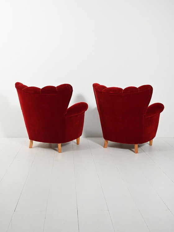 Image 1 of Coppia di poltrone svedesi con schienale a conchiglia degli anni '40