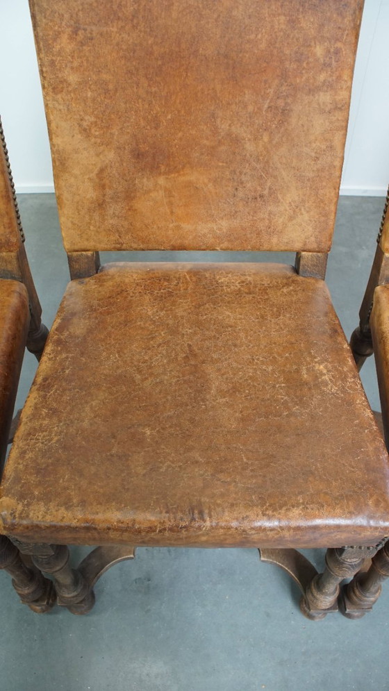 Image 1 of 4 x Sedia da pranzo antica in legno e pelle di pecora