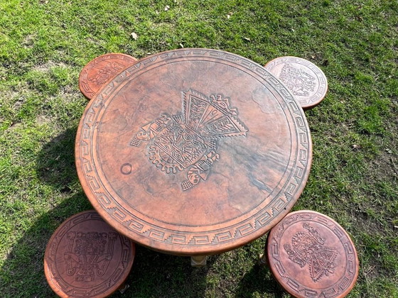 Image 1 of Vintage leather top table Aztec / Mayan equipale style