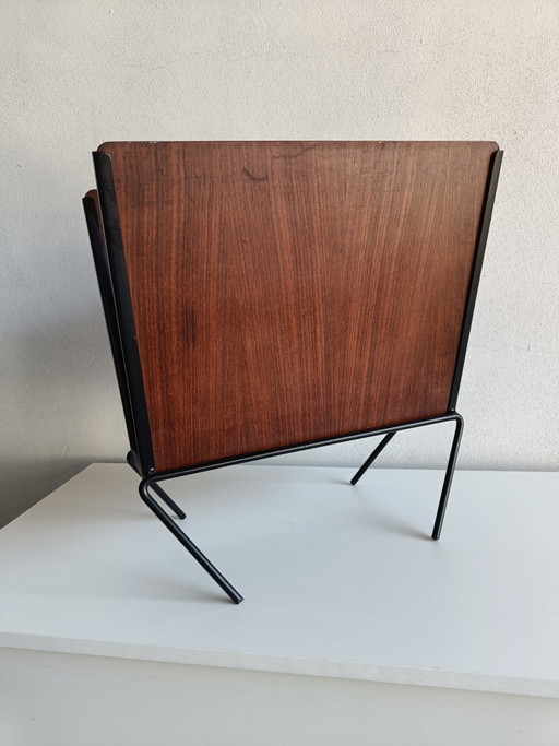 Italian Mid Century Magazine Rack in Teak Veneer and Black Metal, 1950s–1960s