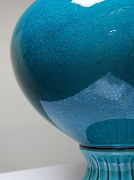 Image 1 of Turquoise en kobaltblauwe geglazuurde aardewerken vaas/plantenbak van D. Dinis, jaren 1960-1980.