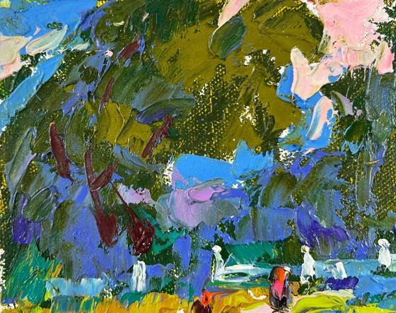 Image 1 of Origineel olieverfschilderij: Zomers boslandschap, een wandeling in het park.