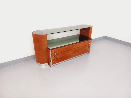 Coiffeuse vintage design italien en velours suédine, chrome, verre fumé et miroir des années 70 80