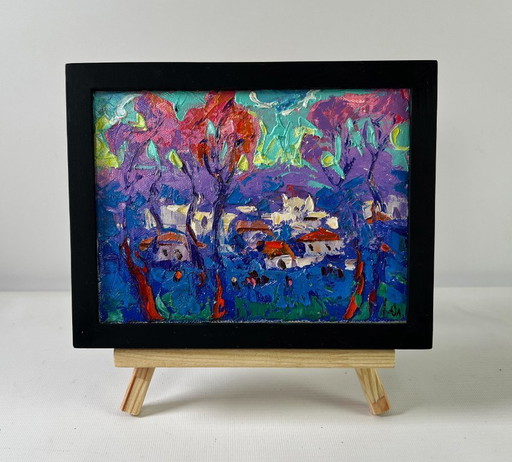 Original Oil Painting Summer Houses Landscape Morning in the village