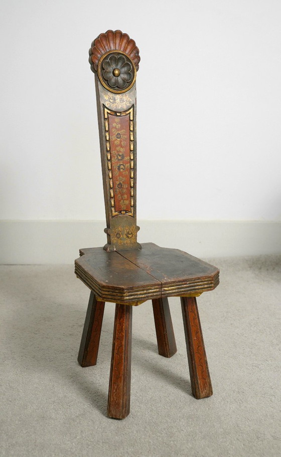 Image 1 of Handbemalter Tiroler Kinderstuhl - 19. Jahrhundert Alpine Volkskunst
