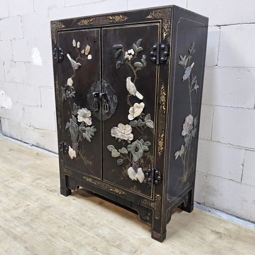 Vintage Chinees Lak Kastje Speksteen, Parelmoer / Vogels En Bloemen / Bohemian Kastje – opbergkast, Wood (photo 2 of 15)