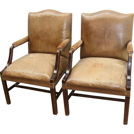 Vintage fauteuils in donker hout en bruin leer