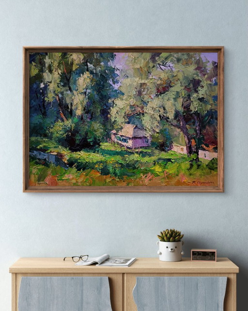 Original Oil Painting Rural Summer Landscape Village House Among Greenery – schilderijen tekeningen, Canvas (photo 2 of 7)