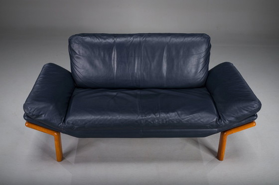 Image 1 of Danish Teak and Navy Blue Leather 2-Seater Sofa from Komfort, 1970s