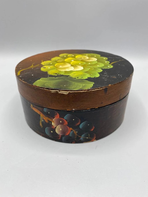 Handbeschilderde ronde houten doos met druiventrosdecoratie – decoratieve objecten, Vintage