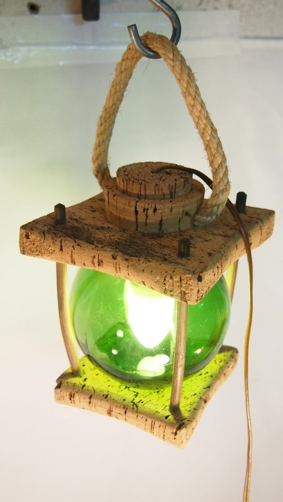 Image 1 of Franse Mid-Century Nautische Lantaarn Tafellamp, Mediterraan Kurk & Gerookt Glas, Jaren 60 Kustontwerp, Vintage Zeedecoratie