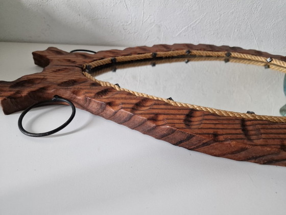 Image 1 of Specchio brutalista in legno e corda, forma libera