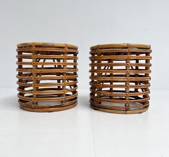 Image 1 of Set of 2 rattan designer stools by Tito Agnoli, 1960's