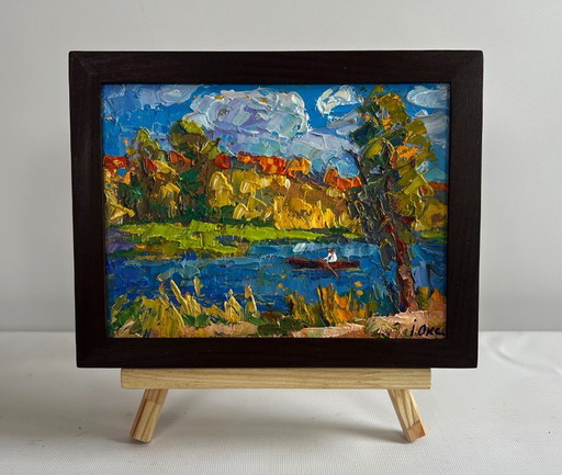 Original Oil Painting Autumn River Landscape Early autumn fishing
