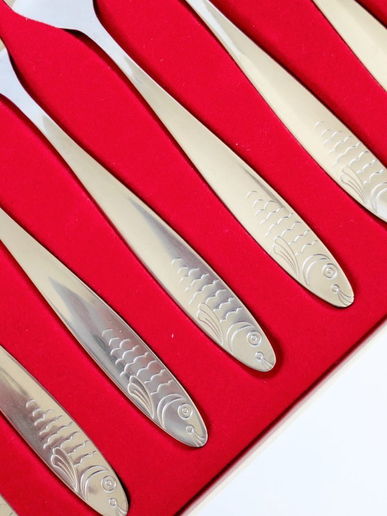 Image 1 of Service de couverts à poisson vintage WMF, 12 pièces, acier inoxydable, style années 1960, Allemagne