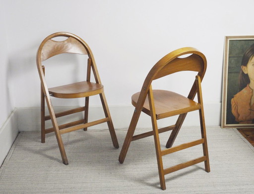 Castiglioni Tric Klapstoelen, Bernini, 1965, Paar Vintage Houten Stoelen