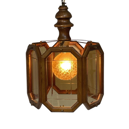 ca. Plafondlamp uit 1960 - Nederlandse makelij - Met eikenhout en rookglaspanelen