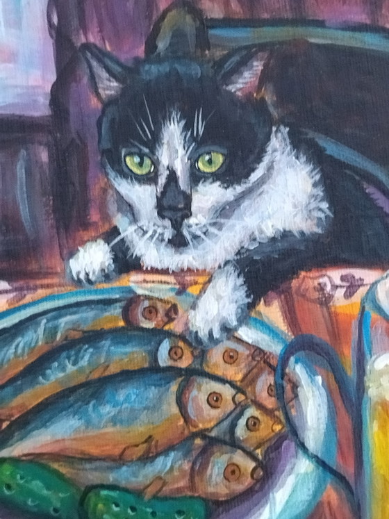Image 1 of Original painting of the cat Pipette – Handcrafted cold-fired ceramic frame (33x22 cm)