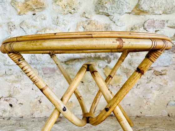 Image 1 of Tavolino vintage in rattan e bambù con piano in vetro, anni '60