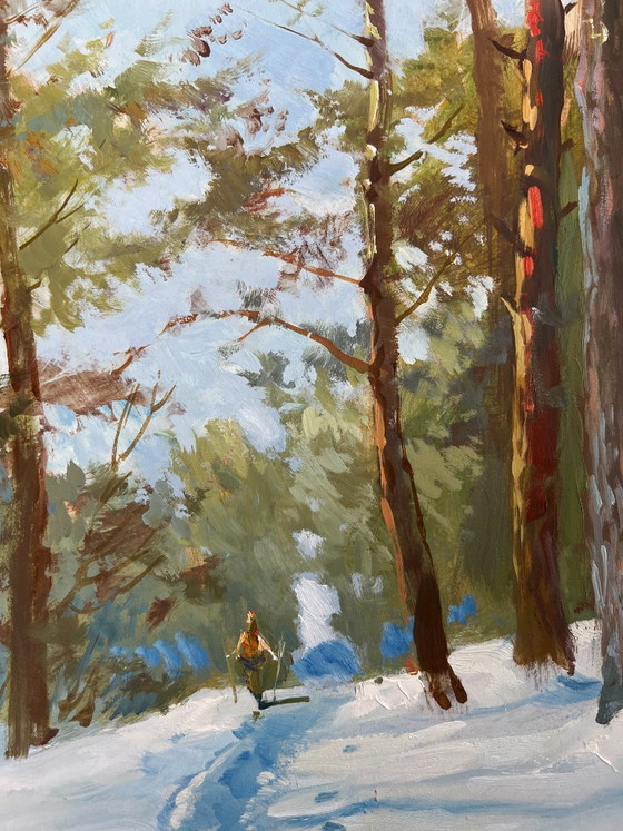 Image 1 of Original Oil Painting Winter Forest Landscape Walking through the snowy forest