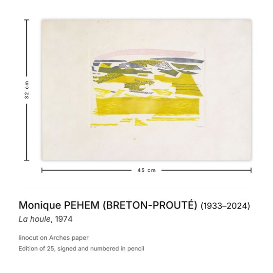 Monique Pehem (Breton-Prouté) Signée Linogravure La Houle 1974 – Lithographies et sérigraphies, Paper (photo 3 of 5)