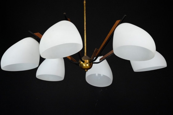 Image 1 of Italian Mid-Century six arms chandelier in the manner of Stilnovo. Italy 1950s.