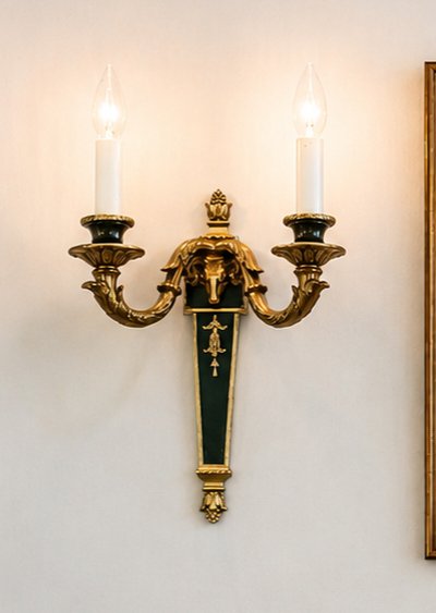 Pair of Vintage Ram's Head Wall Sconces – Louis XVI / Empire Style – Green & Gold – wandlampen, Brass