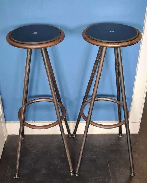 Image 1 of Set (2x) industrial vintage metal bar stools metal & wood