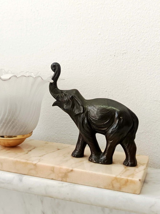 Art Deco nachtlampje met bronzen en marmeren olifanten – Tafellampen (photo 5 of 8)