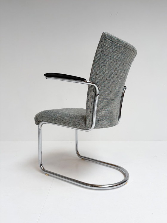 Set di 2 sedie a struttura tubolare Dutch Design De Wit, anni '50, Toon de Wit, Poltrone, Cromo, Tessile (foto 10 di 15)