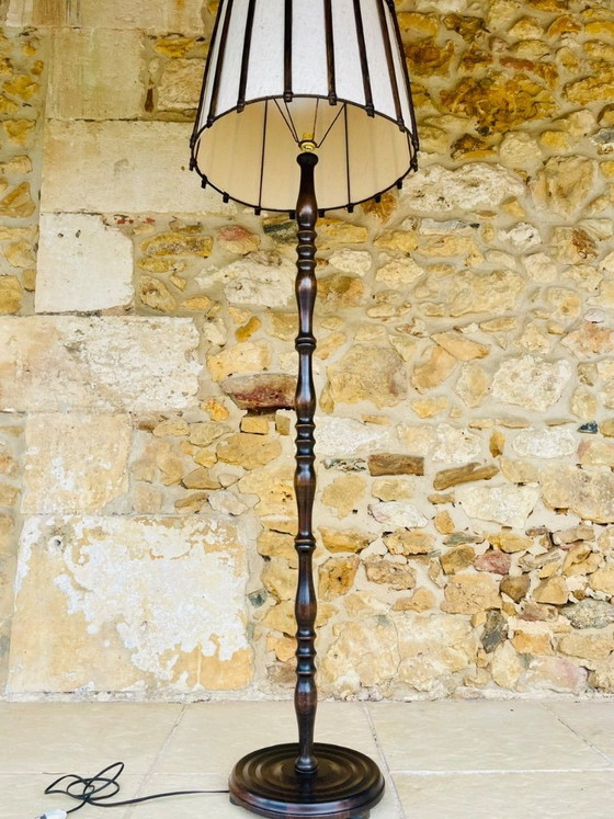 Image 1 of Mid-Century, Turned Wood, Bamboo Rattan Floor Lamp Circa 1950s