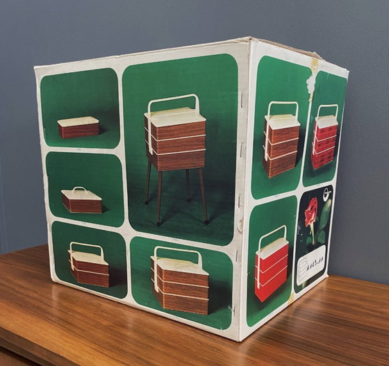 Image 1 of 1970s plastic brown sewing box in original box