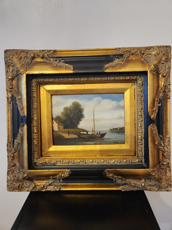 Image 1 of Atmospheric Antique River View with Sailing Ship – Signed "Patty" – In a Beautiful Baroque-Style Frame (London Origin)