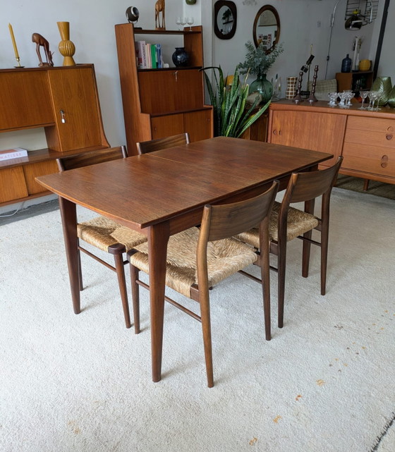 Image 1 of Set vintage di 4 sedie da pranzo in teak e corda di carta, Georg Leowald per Wilkhahn, modello 351
