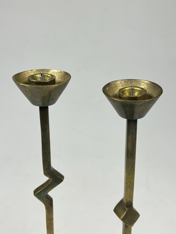 Image 1 of Vintage Zig Zag Candlesticks, Set of Two, Brass, Memphis Style, 1980s