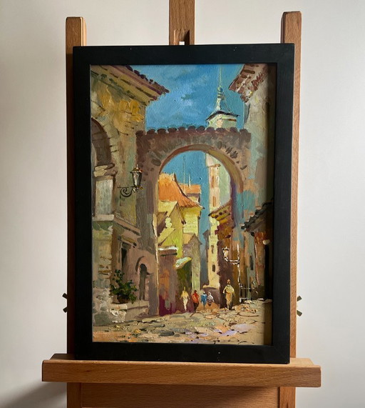 Dipinto ad olio originale Paesaggio urbano diurno Vecchia strada della città