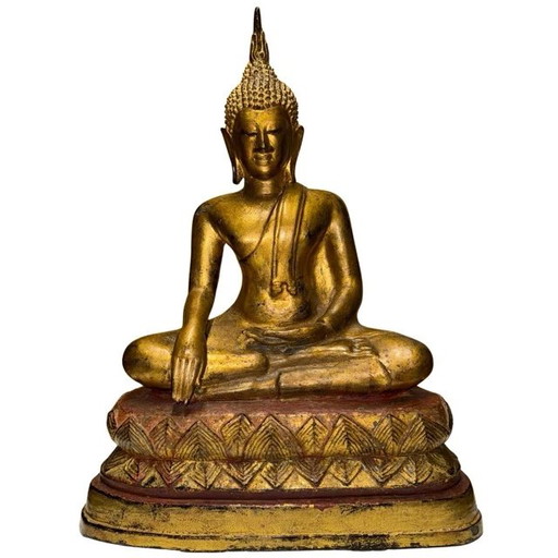 Estatua de Buda Tailandesa Rattanakosin Antigua - Siglo XIX - Bronce Pesado con Dorado Antiguo