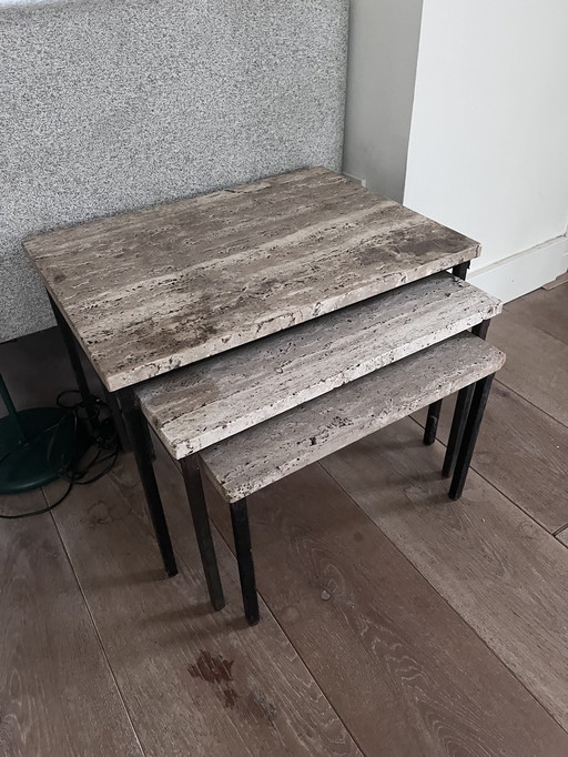 Travertin natuursteen set nid bijzettafeltjes
