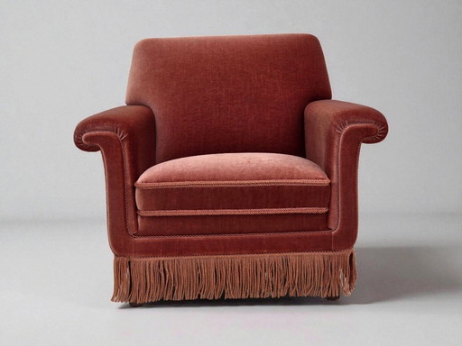 Poltrona danese, anni '70, velluto rosa salmone, legno di faggio.