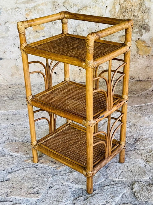 Vintage bamboe en rotan 3-laags plank, jaren 70