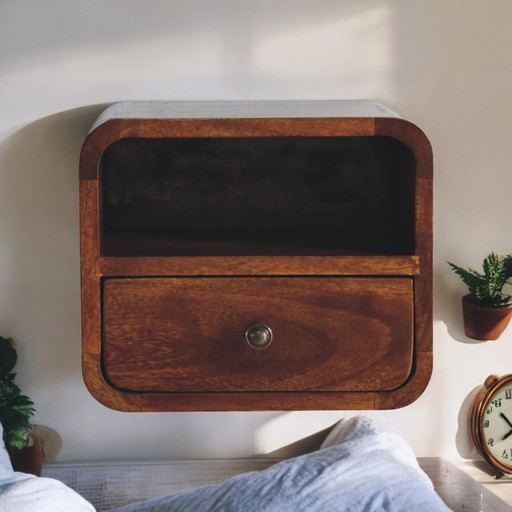 Comodino flottante Extra Mini in legno massello di mango con aspetto castagno