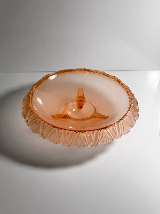 Image 1 of Ciotola Art Deco Rosalin Walther Glas, decoro anni '30, piatto da portata in vetro pressato Pelikan, piatto da portata rosa