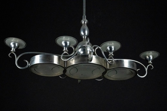 Image 1 of Lampadario italiano Art Déco in nichel, ottone e vetro satinato, anni '30.