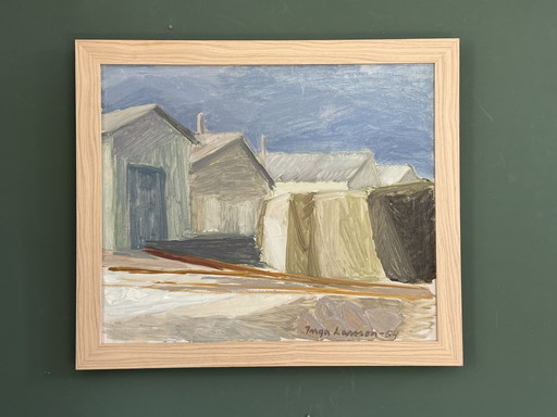 Vintage (1954) oil painting 'Beach houses' by Swedish painter Inga Larsson