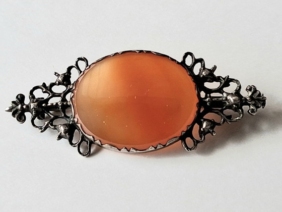 Image 1 of 3 antique silver jewelry pieces with faceted Carnelian stones and round-cut Baltic Amber.